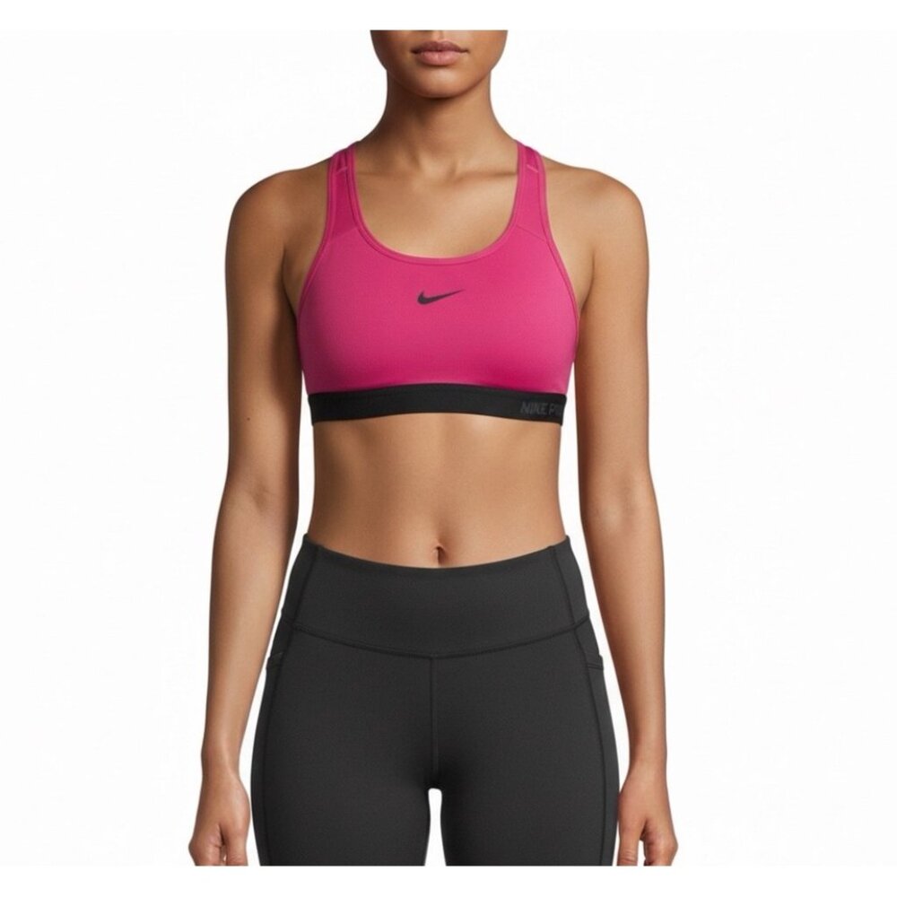 Nike Womens Pink Sports Bra Dri-Fit Medium Support With Black Trim Sz XL